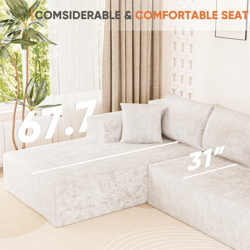 Boneless 108" L-Shaped Compression Sectional Couch with 3 Seats, Wide Modular Sofa for Living Room, Beige Chenille 