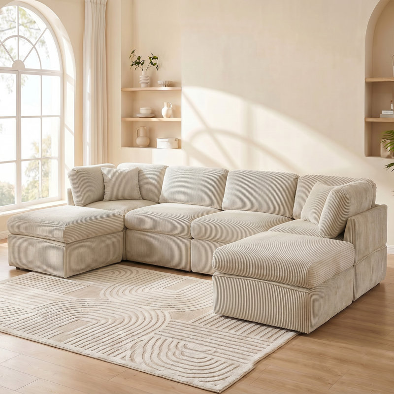 Joko 130.7" 6-Seater Corduroy Reversible Modular Corner Sectional Sofa with Ottoman U-Shape, Beige Corduroy