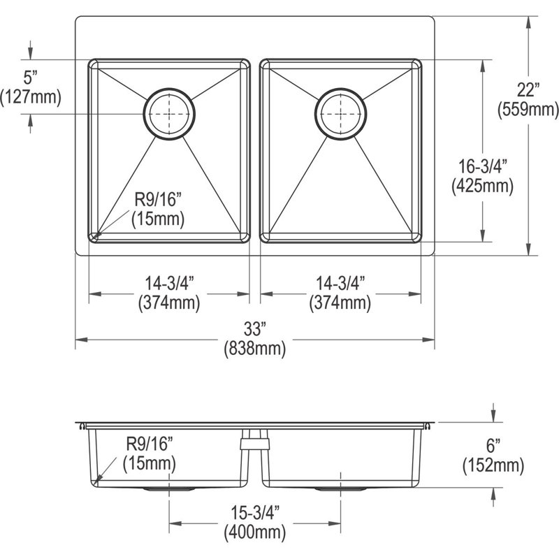 Crosstown Stainless Steel 33" L x 22" W Double Basin Dual Mount Kitchen Sink, 1 Hole