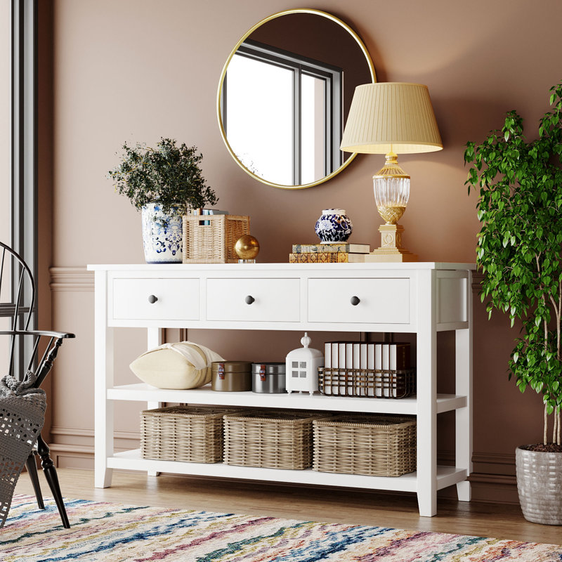 Spark Wooden Console Table with 3 Drawers & 2 Open Shelves, Antique White