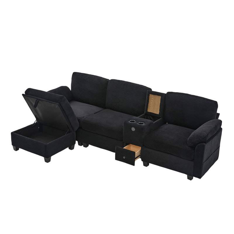 Canapé modulaire avec repose-pieds, Velours côtelé noir