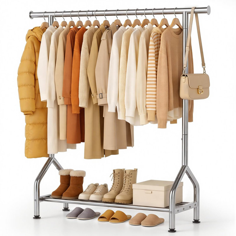 Portant à vêtements autoportant en métal avec tablette de rangement et pieds ajustables, Argent