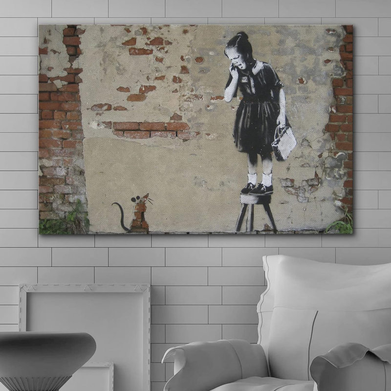 Banksy, Angleterre, Royaume-Uni, fille et souris, rat, graffiti et art urbain, art moderne sur toile, Toile tendue
