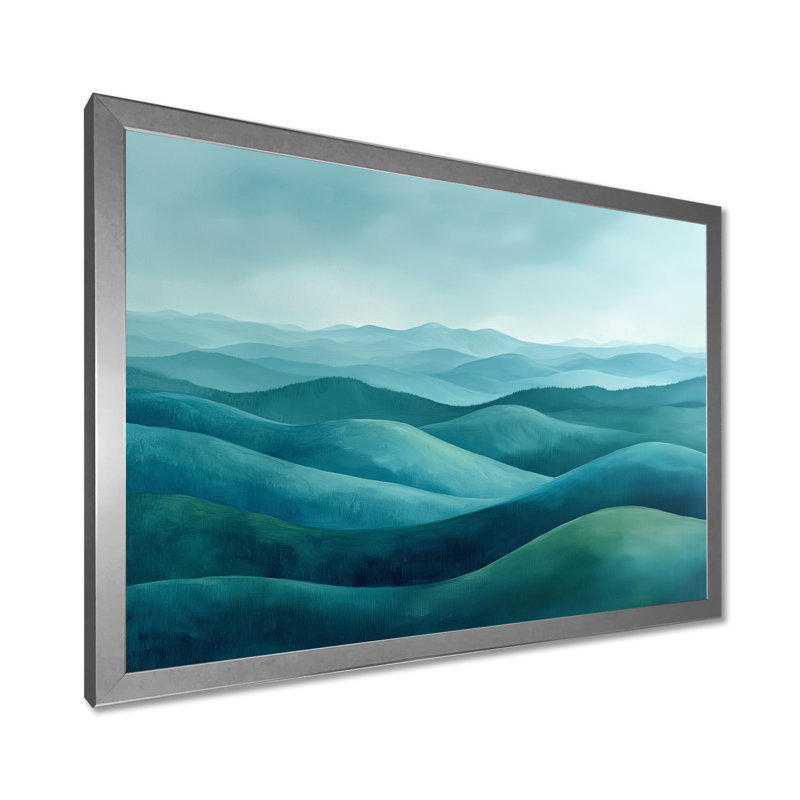 «Countryside Rolling Hills In The Mist II», art mural grand paysage, Argent argent, H 24 po x l 32 po, Avec cadre