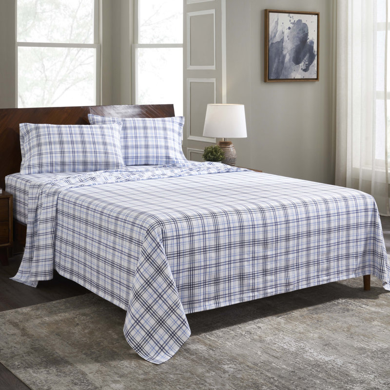 Ensemble de draps 100% flanelle Beldibi, À carreaux, bleu, Twin Sheet 3pc Set