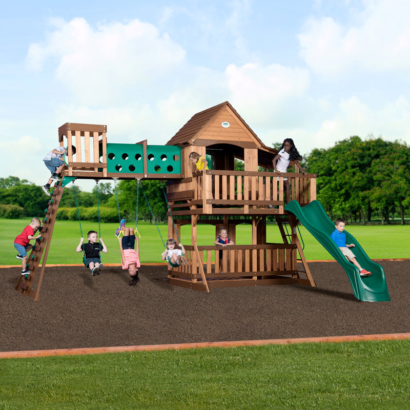 Woodridge Elite Cedar Swing Set with Green Slide and Sandbox
