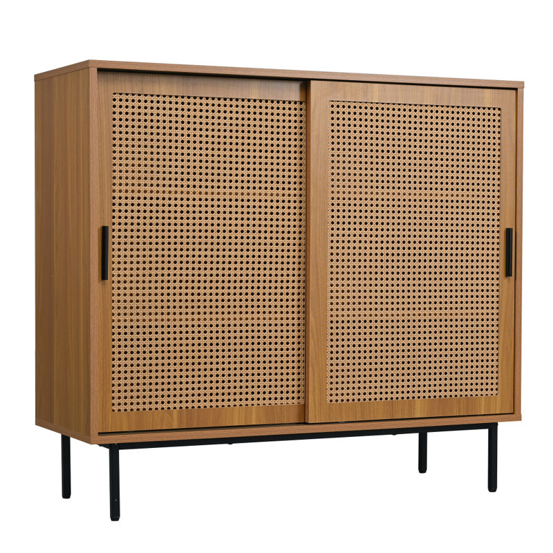 Sideboard with 2-Sliding Rattan Barn Doors & Adjustable Shelves