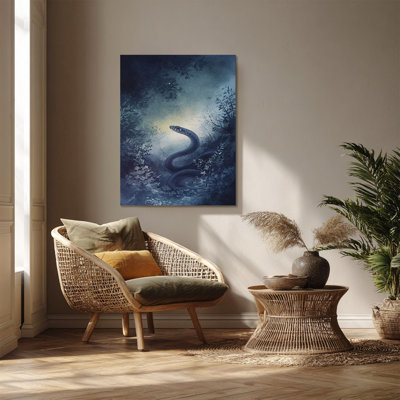 «Dark Snake Rising Through Misty Blue Forest Night» - Art mural sur toile tendue - Décoration de salon, de chambre à coucher ou de bureau