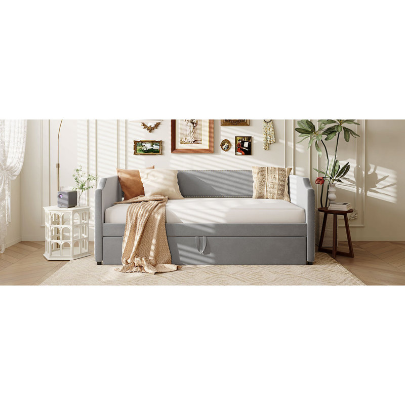 Twin Size Velvet Upholstered Daybed With Pop Up Trundle, Gray, Gray