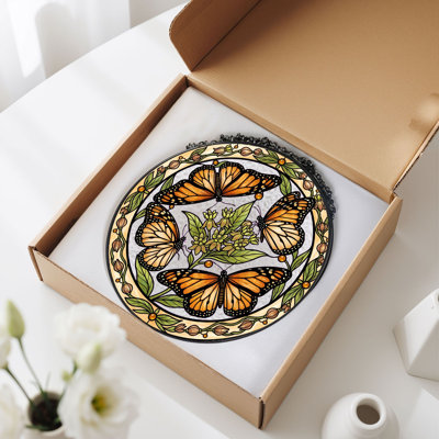 Panneau de vitrail floral papillon H 12 po