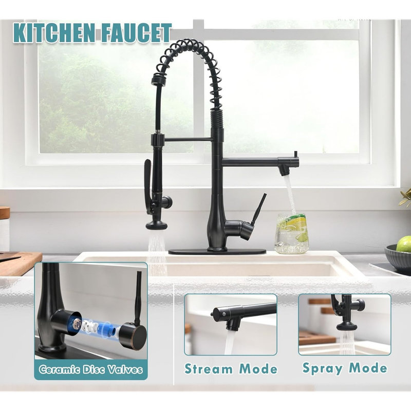 Kitchen Faucet with Pull Down Sprayer, Single Handle High Pressure Kitchen Sink Faucet, Commercial Double-Headed Kitchen Faucets Sink with Deck Plate