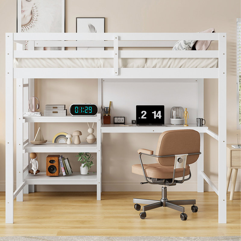 Lit mezzanine en bois avec tablettes, bureau et tableau d'écriture, Blanc