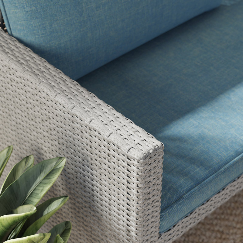 Grose 7-Piece Aluminum and Wicker Outdoor Dining Set, Light Gray Frame/Light Blue Cushion