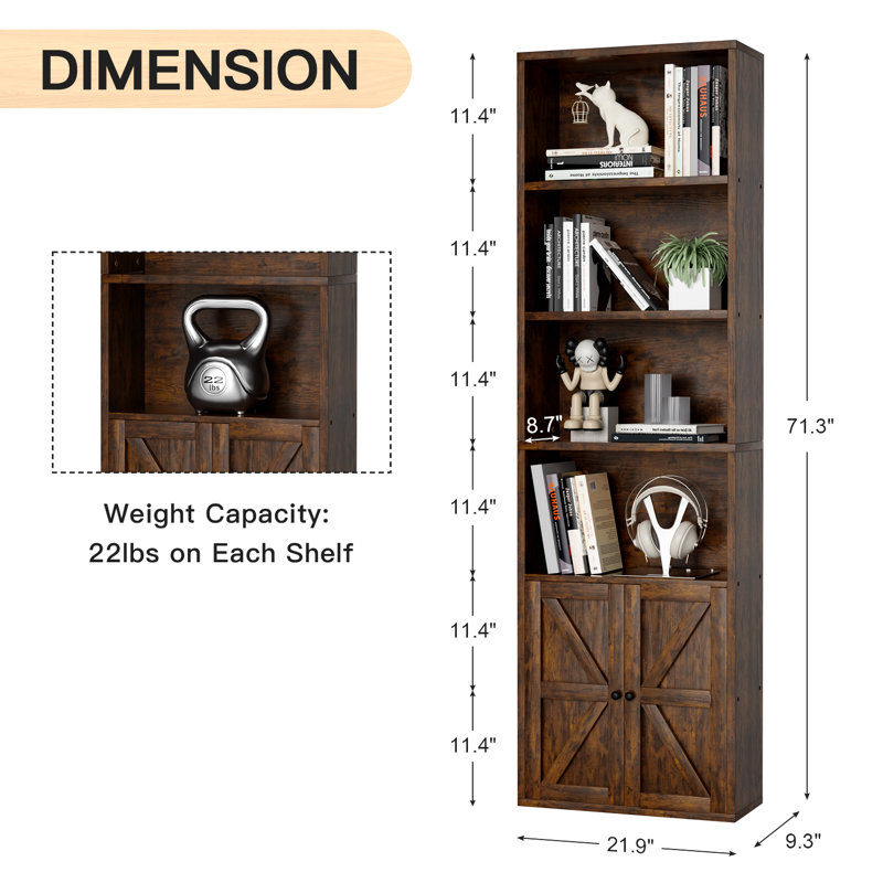 Bibliothèque de rangement avec portes Tiranke, (6 tablettes) H 71,3 po x l 21,9 po x P 9,3 po, Brun