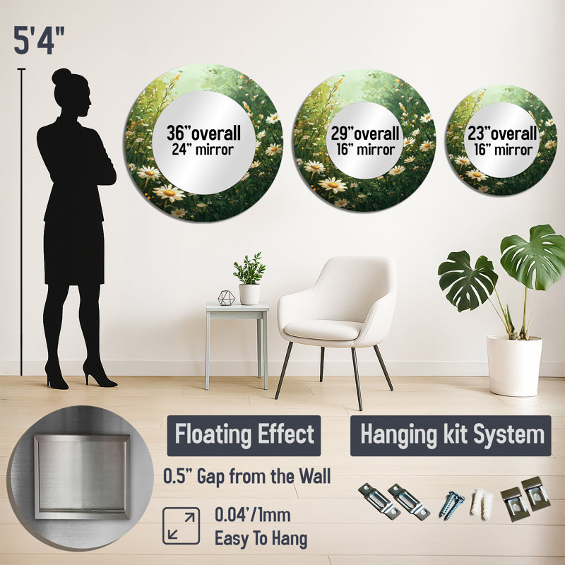 «White Country Daisies Dream» - art mural miroir floral - imprimé sur métal, 23 po x 23 po