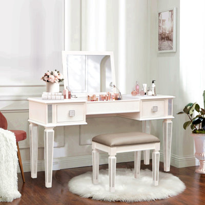 Mirrored Vanities Desk With Drawers, Bedroom Makeup Vanity Table Set With Mirror And Stool, Flip Up Dressing Table For Bedroom/Makeup Room, Working Desk For Women, Girl Furniture Combo