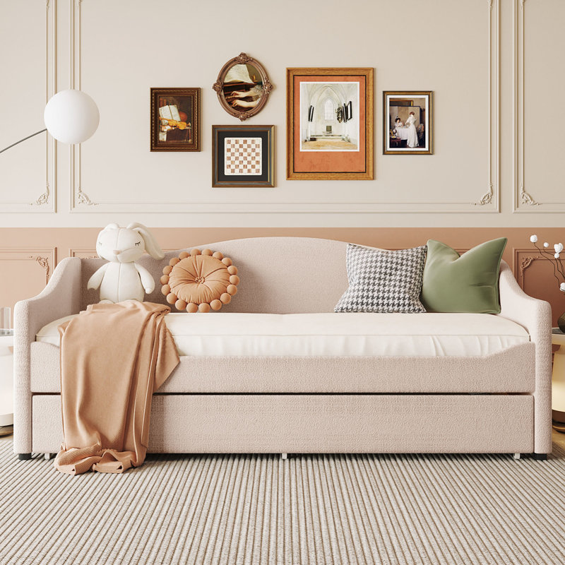 Twin Size Fleece Upholstered Daybed With Beige Cover And Movable Trundle Expandable Box, Twin, Beige