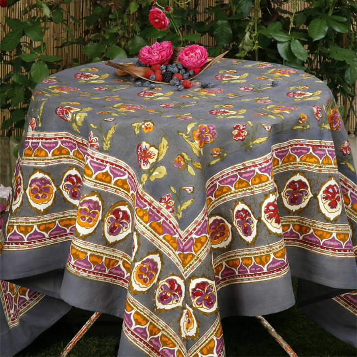 Handmade Floral Tablecloth, 71" x 128", Gray