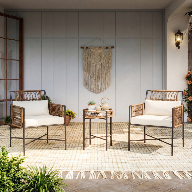 2-Person Outdoor Patio Conversation Set With Cushions, Modern 3-Piece Bistro Set