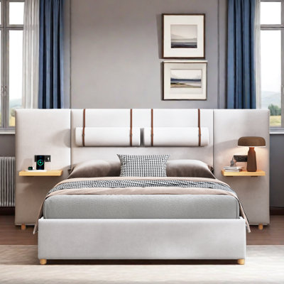 Upholstered Platform Bed With Two Bedside Pillows, Storage Shelves, Two Outlets And USB