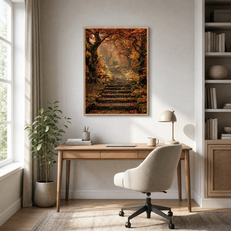 Escalier en pierre moussue dans une forêt d'automne - Tableau sur toile, H 48 po x l 32 po