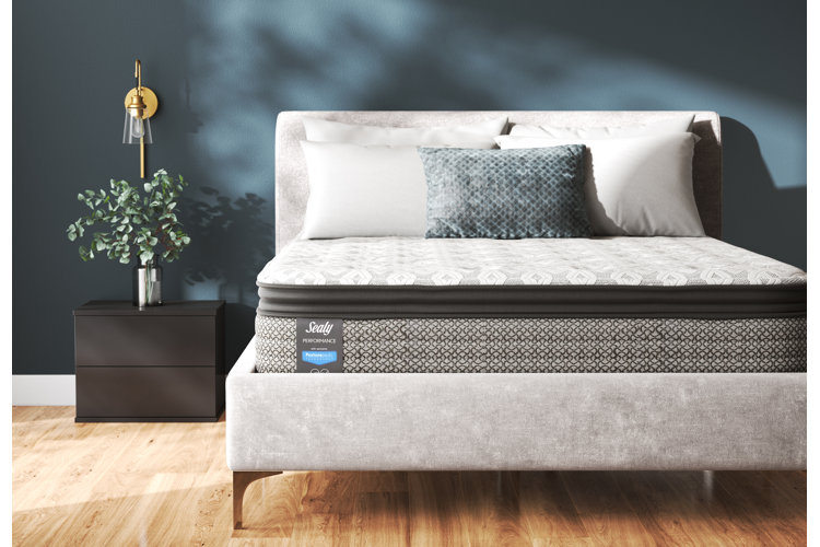 mattress and box spring on an upholstered bed frame in a modern bedroom