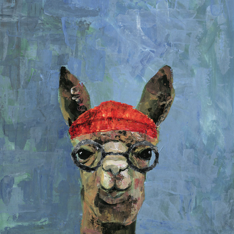 Hipster Llama II - Wrapped Canvas Print, 20cm H x 20cm W x 3.81cm D, Blue/Brown/Red