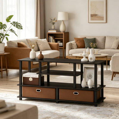 Meuble télé pour téléviseur de 50 po ou moins, centre de divertissement avec bacs de rangement en tissu, structure en bois composite, noir