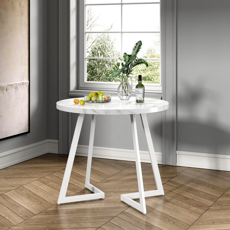 Petite table de salle à manger 30 pouces en marbre blanc pour 2 personnes, Blanc / marbre blanc