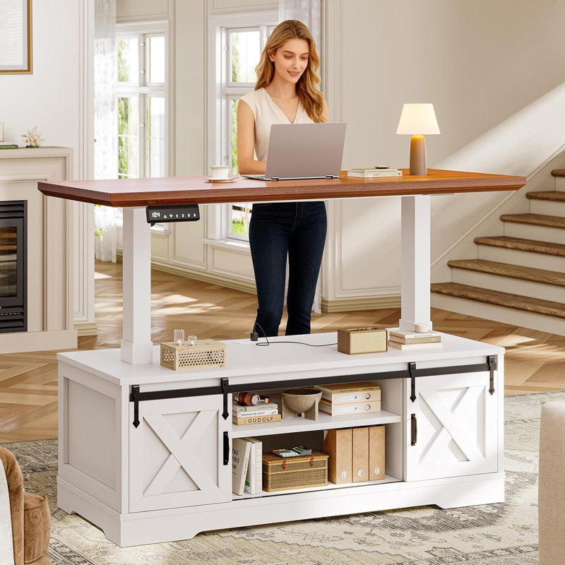 Farmhouse Lift Top Coffee Table With Storage Wooden Coffee Table , Brown, White