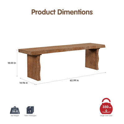 1-Piece Solid Pine Wood Dining Bench, 62.9"L x 14.96"W, 350lbs Capacity 3-Person Long Bench with Curved Sculpted Legs, Rustic Farmhouse Accent Bench for Kitchen Dining Room Entryway