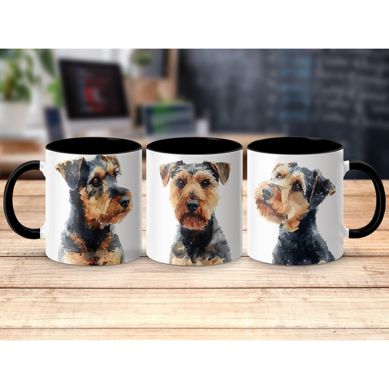 11oz Watercolour Welsh Terrier Design Coffee Mug, Black, 2