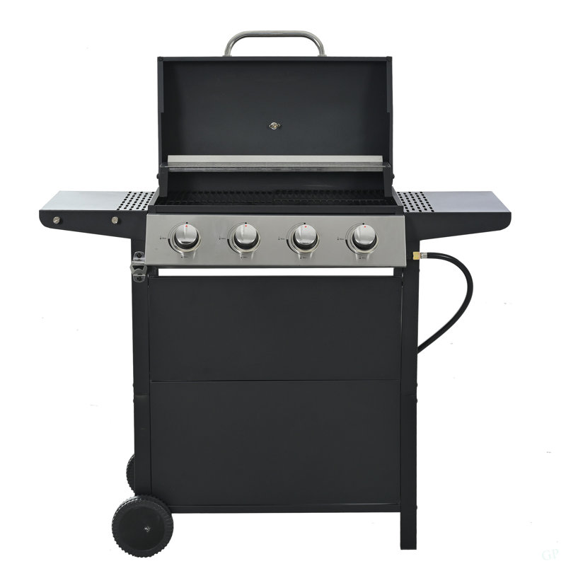 Barbecue au propane à 4 brûleurs, barbecue en acier inoxydable de 34 000 BTU avec deux tablettes, couvercle, roues et ouvre-bouteille