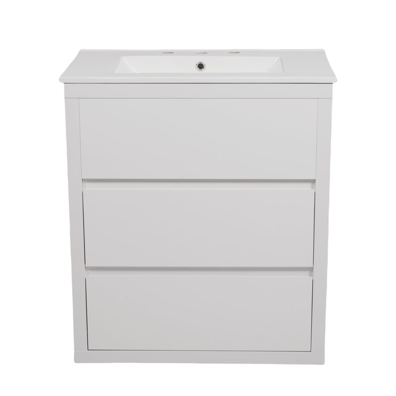 30" Bathroom Vanity With Ceramic Top With Handleless Drawers, White