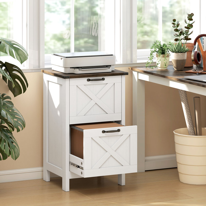2 Drawer Rustic Farmhouse Filing Cabinet with Barn Doors for A4/Letter Size,wood, White