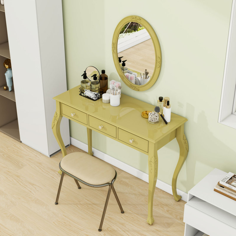 Meuble-lavabo 3 tiroirs avec miroir ovale, Doré