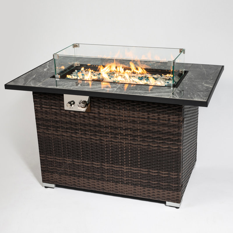 Table de foyer au gaz propane 44 pouces, plateau de table en céramique, 50000 BTU, rectangulaire, couvercle, housse de pluie, roches en verre radiant, table de finition avec fosse d'extérieur,