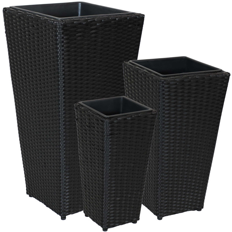 Assorted Square Black Polyrattan Outdoor Basket Planter with Liner 3-Count