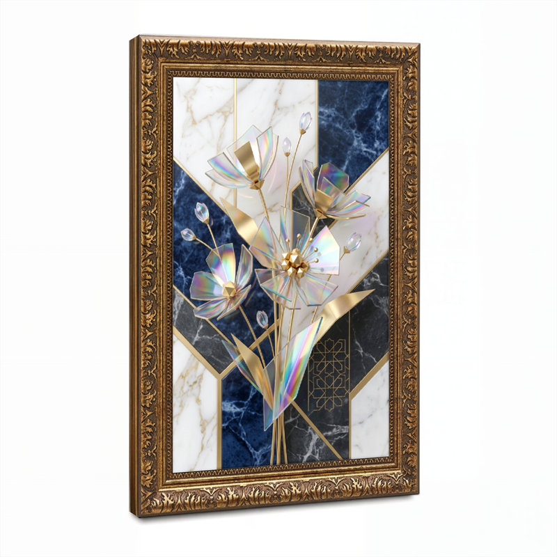 Art mural en toile noyer doré encadré pour le salon, la chambre à coucher, le bureau ou le vestibule - décoration murale décorative avec marbre floral