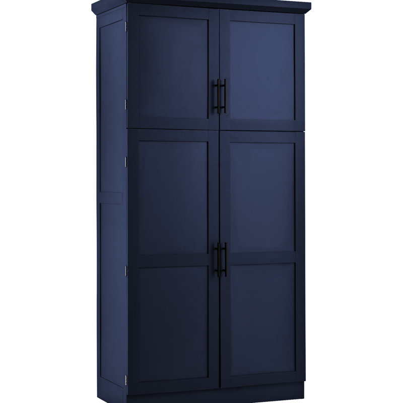 Garde-manger autoportant de style Shaker bleu avec 4 longues poignées, une tablette réglable à 3 niveaux et 8 plateaux coulissants pour les ustensiles de cuisine de 17,6 pouces de profondeur. Portes, plateaux, 2 trousses de basculement