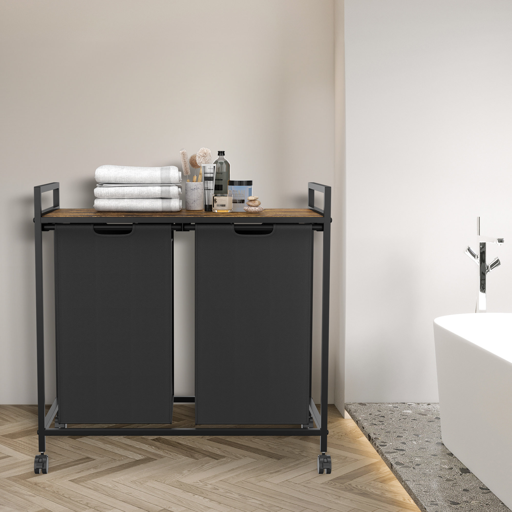 17 Stories Rolling Laundry Hamper And Waste Basket Set with Handles