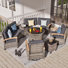 Ensemble de conversation 9 pièces pour patio, canapé modulaire courbé demi-lune en rotin avec 2 accoudoirs pivotants en bois, table basse ronde et table d'appoint