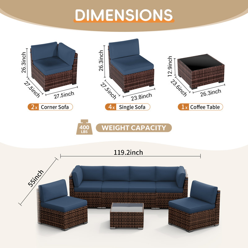 6 person Rattan Sectional Seating Group with Cushions, No, Brown, Blue