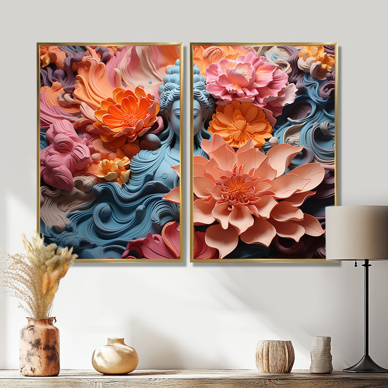 Statue de bouddhisme en fleurs I - Art mural traditionnel 2 panneaux, H 36 po x l 48 po, Impression encadrée flottante, Doré