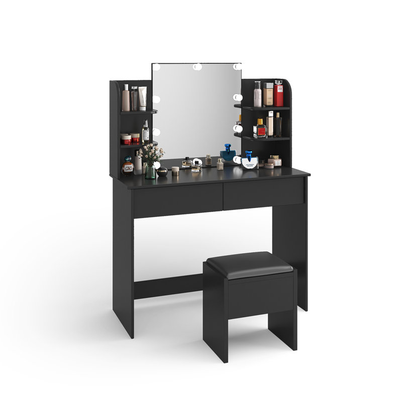 Coiffeuse moderne avec 2 tiroirs et 4 tablettes ouvertes avec miroir, Noir, noir, noir, noir