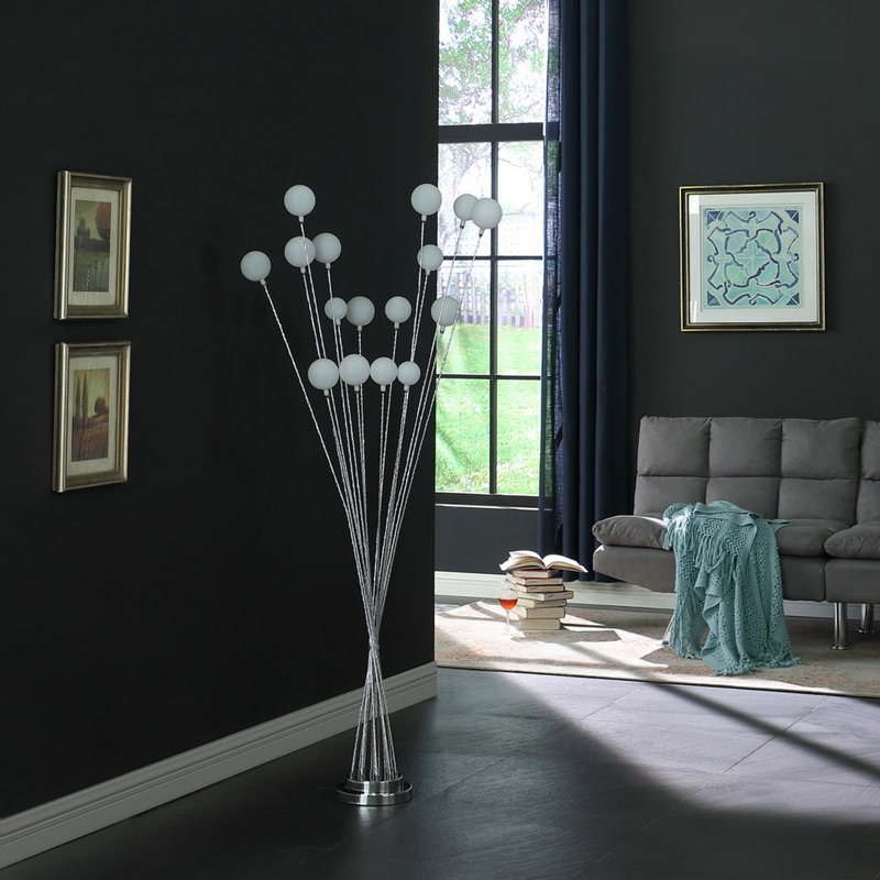 61.5" In 16-Light Acrylic Globe Aluminun Led Chrysanthe Chrome Metal Floor Lamp, Silver
