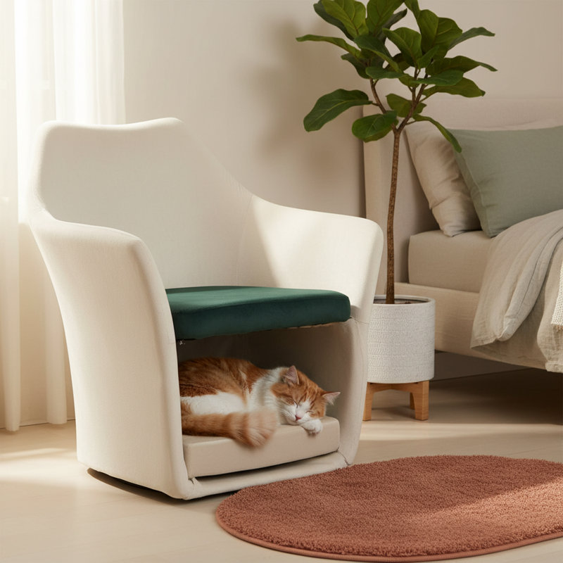 Chaise d'appoint Mid-Century moderne en velours 2 en 1 avec lit pour chat caché et base amovible