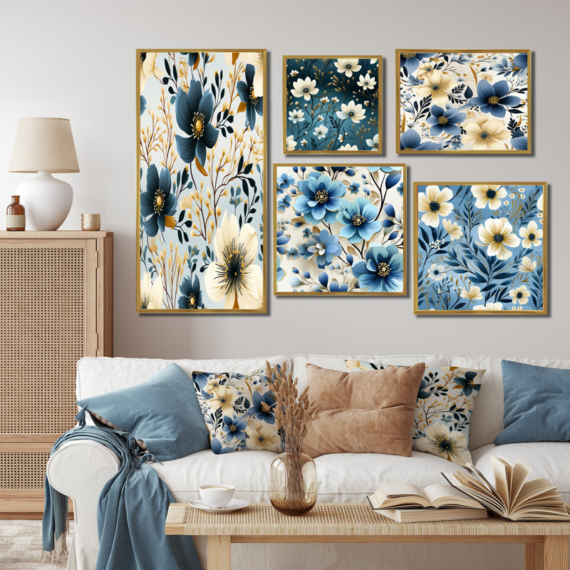 Flavie - Ensemble de 5 impressions sur toile florales, Cadre flottant doré