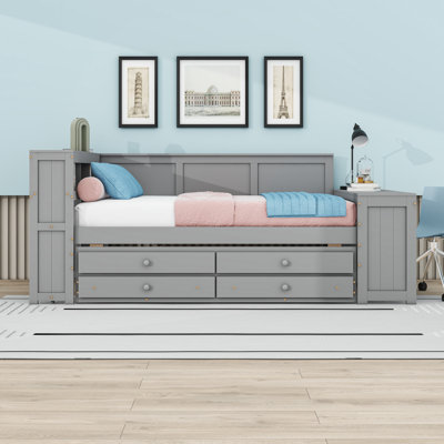 Full Size Wood Daybed with LED Strip, Trundle, Built-In Charging Station and Convertible Desk