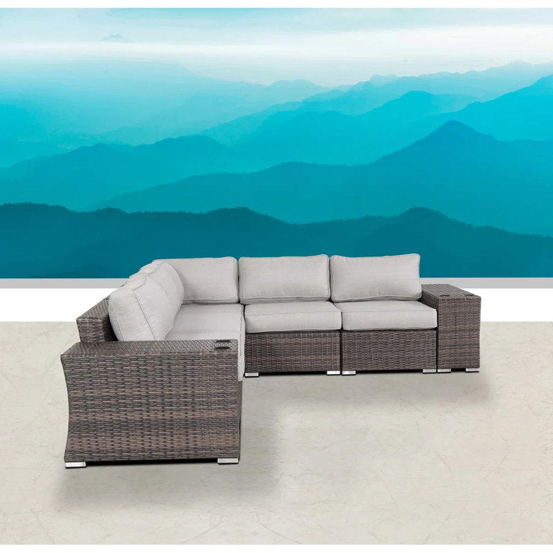 Ensemble de conversation modulaire en rotin 7 pièces avec coussins 7 pièces, Brun